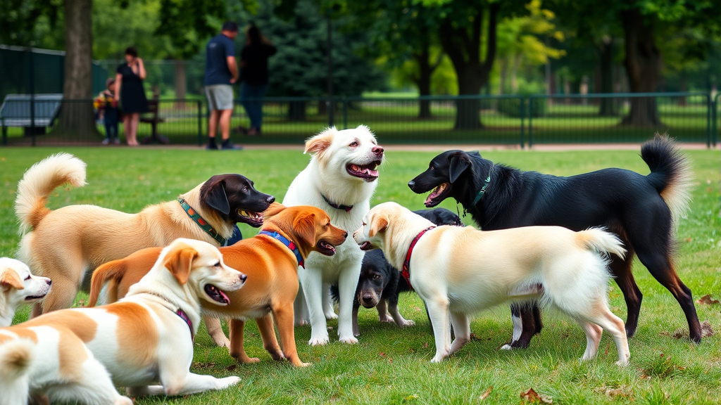 Multiple dogs of different breeds socializing and playing together in park setting, no text no words no letters