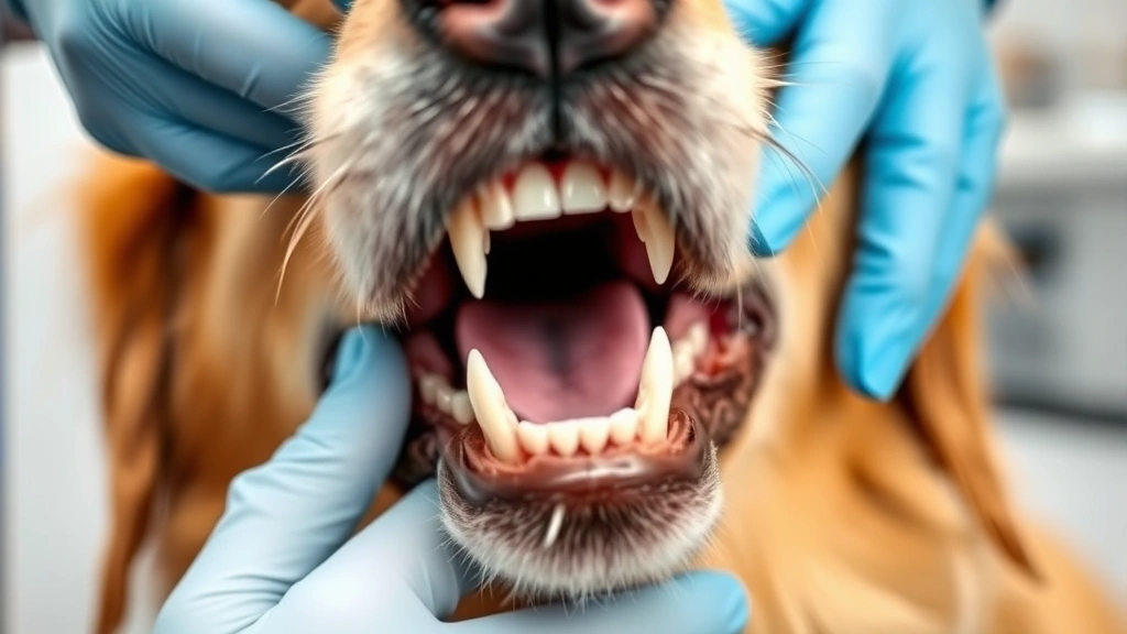 Close-up of a golden retriever's open mouth showing white, healthy teeth with a veterinarian's gloved hands gently examining the teeth, bright dental lighting, professional veterinary setting