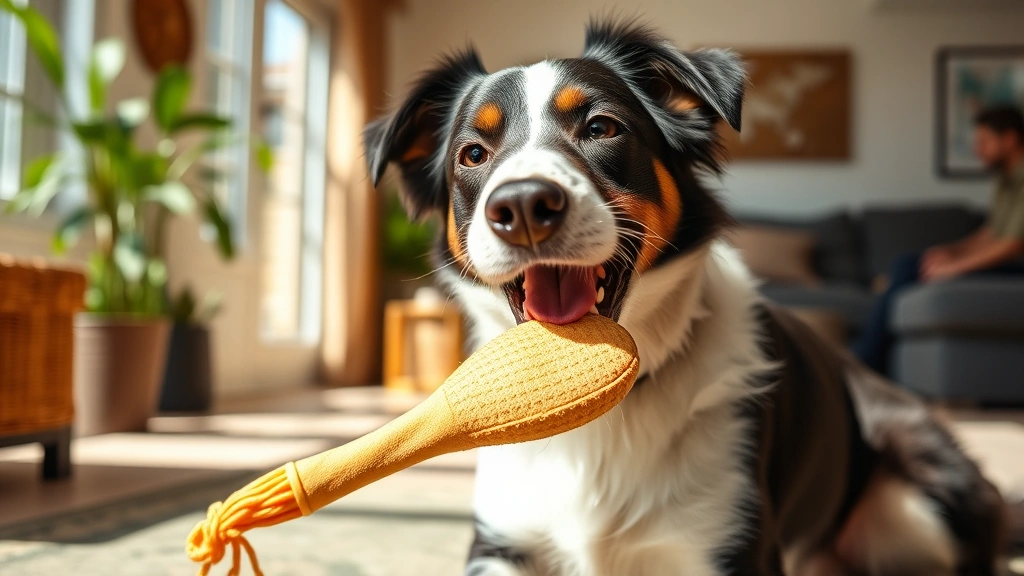 A happy border collie playfully chewing a dental toy in a sunny living room, focused expression on the dog's face while engaging with the textured chew toy