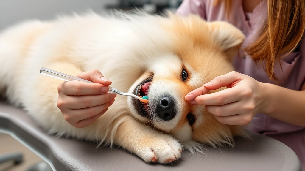 A fluffy samoyed lying on an examination table with a female veterinary dentist carefully brushing its teeth using a small soft-bristled toothbrush, calm and cooperative dog