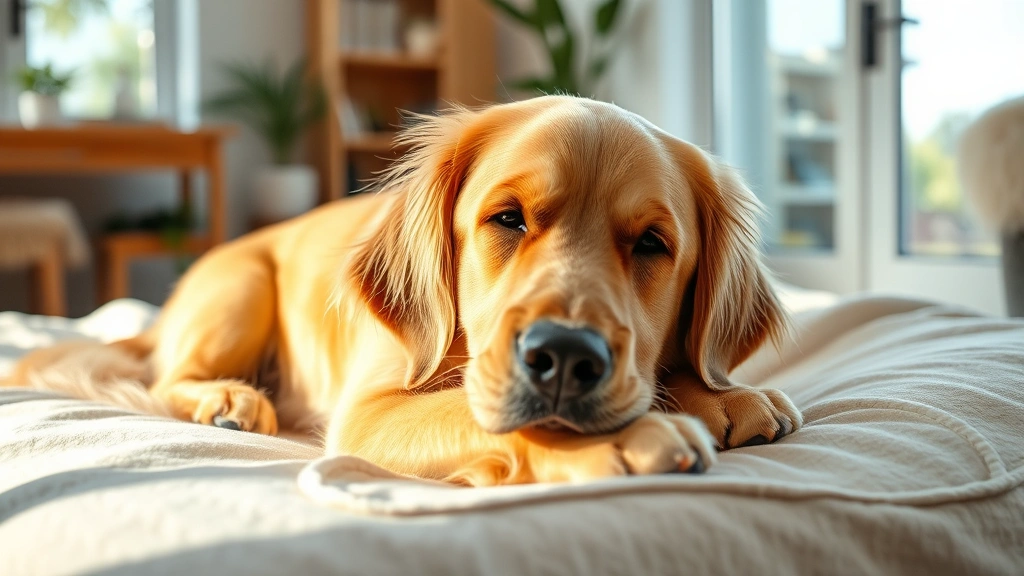 Golden retriever lying down on soft bed indoors, looking calm and rested during recovery, peaceful home environment with natural lighting