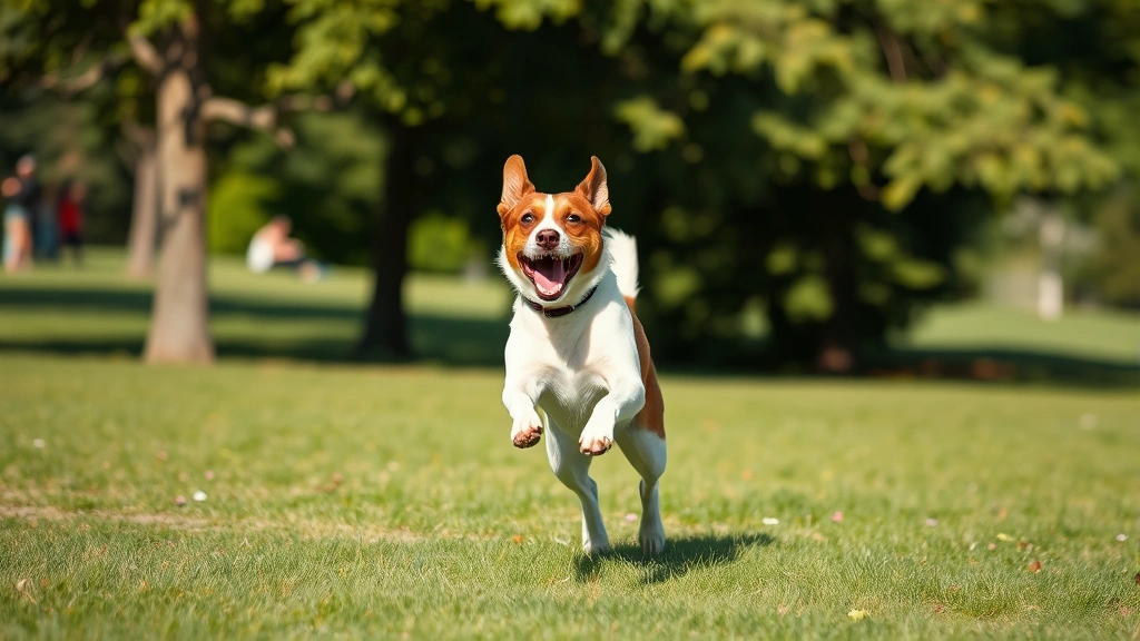 Active dog mid-jump playing fetch in grassy park, joyful expression, athletic motion captured, sunny outdoor setting