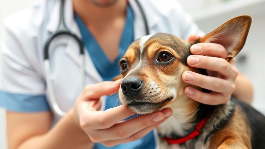 Veterinarian examining small dog's head and face with gentle hands, professional clinic setting, caring professional interaction