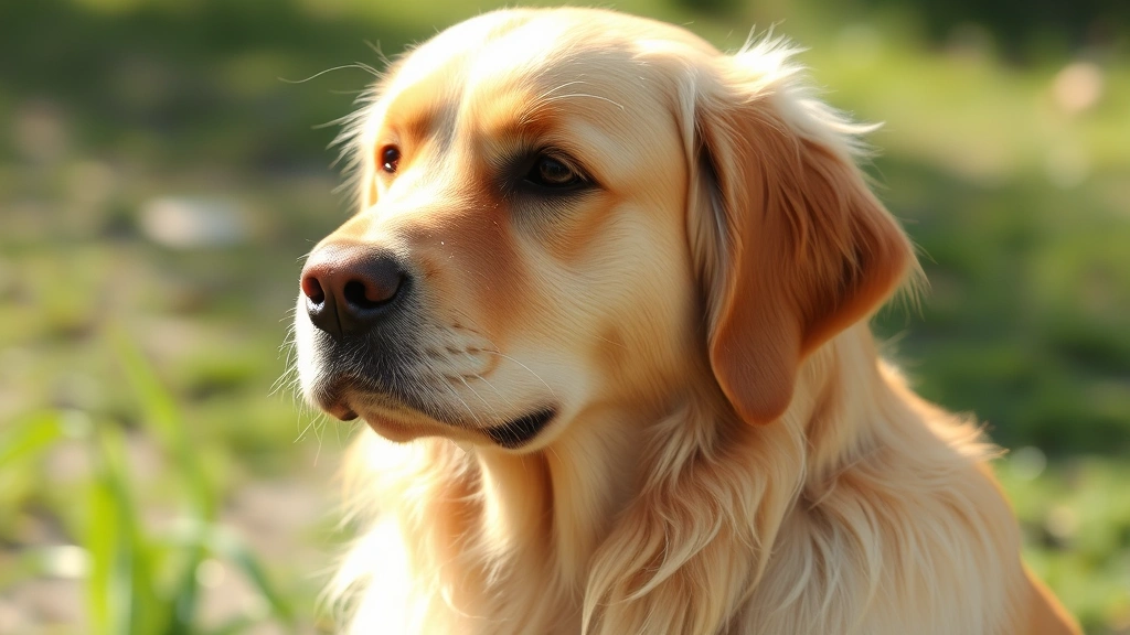 Golden Retriever with visible white flakes on its golden coat, sitting outdoors in natural sunlight showing skin texture clearly
