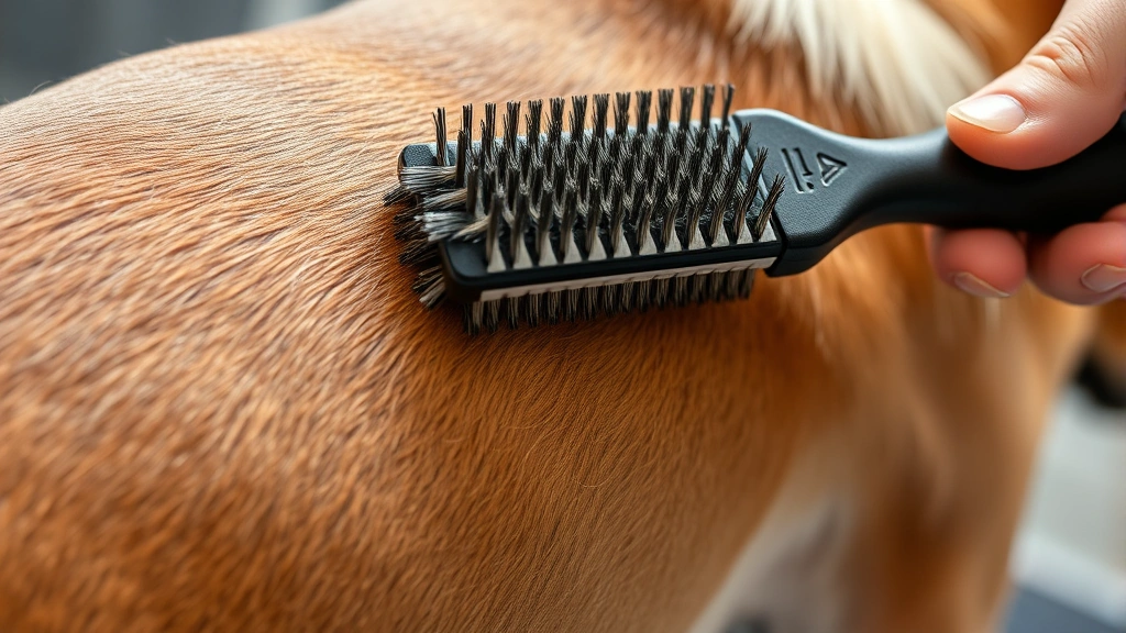 Close-up of dog's back being gently brushed with a slicker brush, revealing healthy skin beneath the fur, professional grooming setting