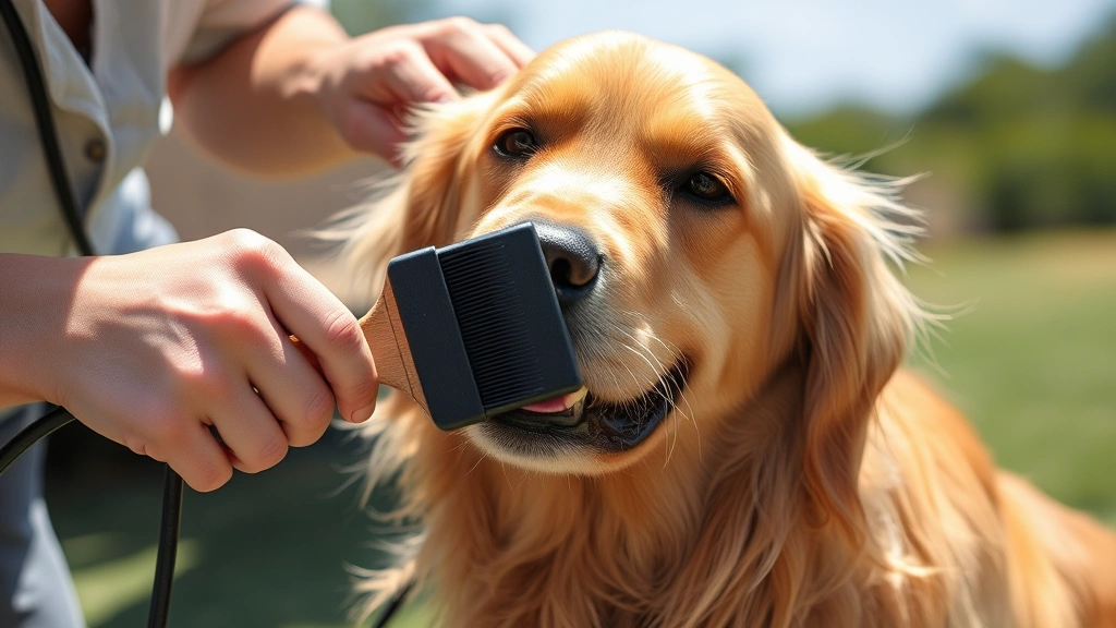 Golden Retriever being brushed outdoors, groomer removing loose fur with slicker brush, sunny day, dog relaxed