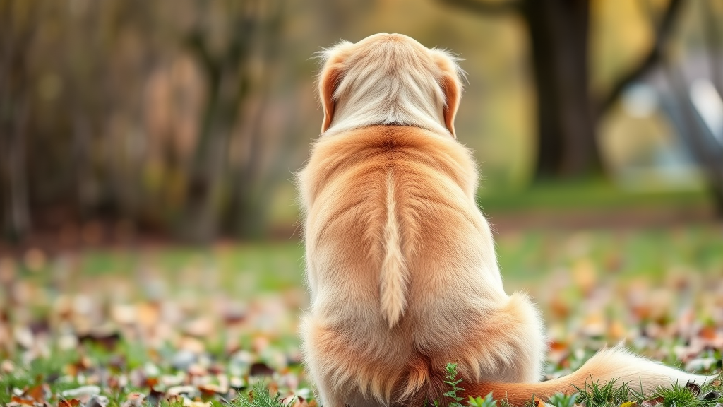 Healthy golden retriever dog sitting outdoors showing rear anatomy, veterinary health concept, no text, no words, no letters