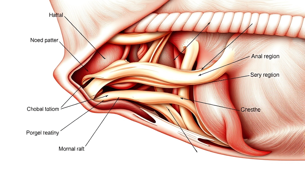 Close up of dog anal region anatomy diagram showing normal healthy structures, veterinary educational illustration, no text, no words, no letters