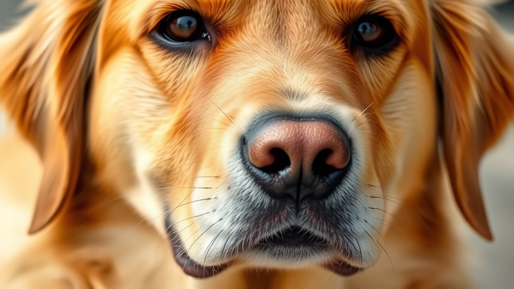 Close up of healthy golden retriever dog face showing clear skin around muzzle and chin area, natural lighting, no text no words no letters