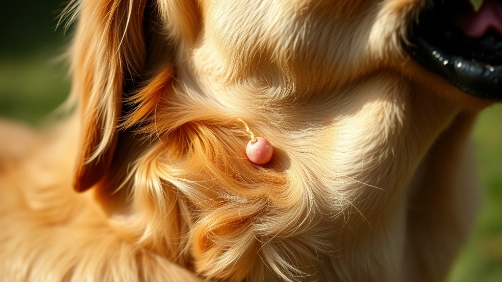 Close-up of a golden retriever's neck area showing a small skin tag attached to the skin, natural lighting, outdoor setting, photorealistic