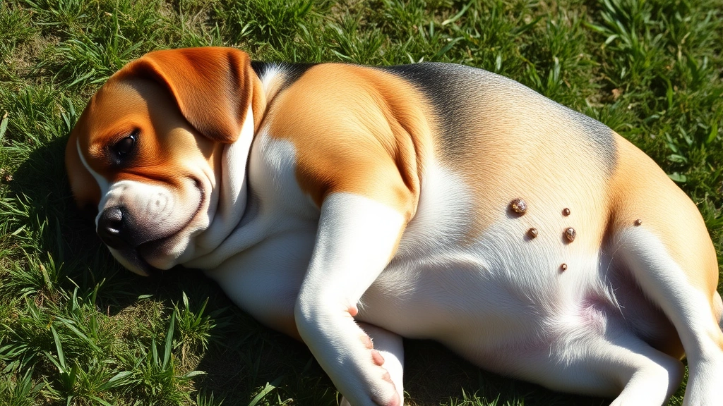Overweight beagle lying on grass showing prominent skin folds and multiple small growths on its body, sunny outdoor environment, photorealistic