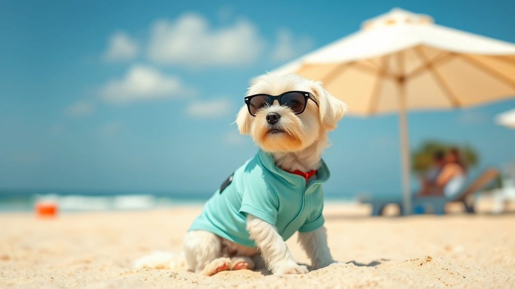 Small white dog wearing protective UV shirt and sunglasses sitting in shade under beach umbrella on sunny day, relaxed pose