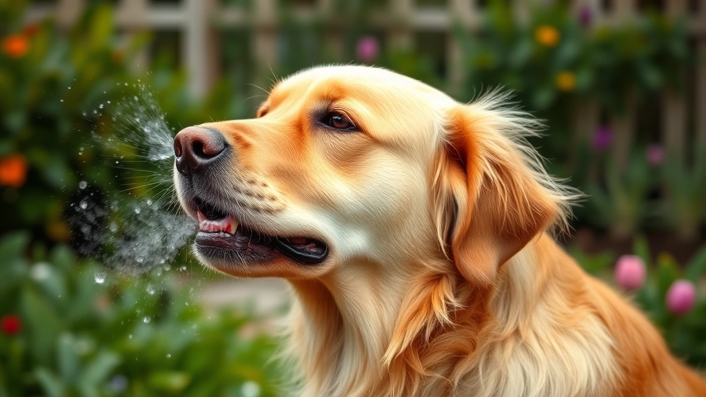 A golden retriever sneezing outdoors in a garden setting, with water droplets visible, showing respiratory distress, photorealistic style