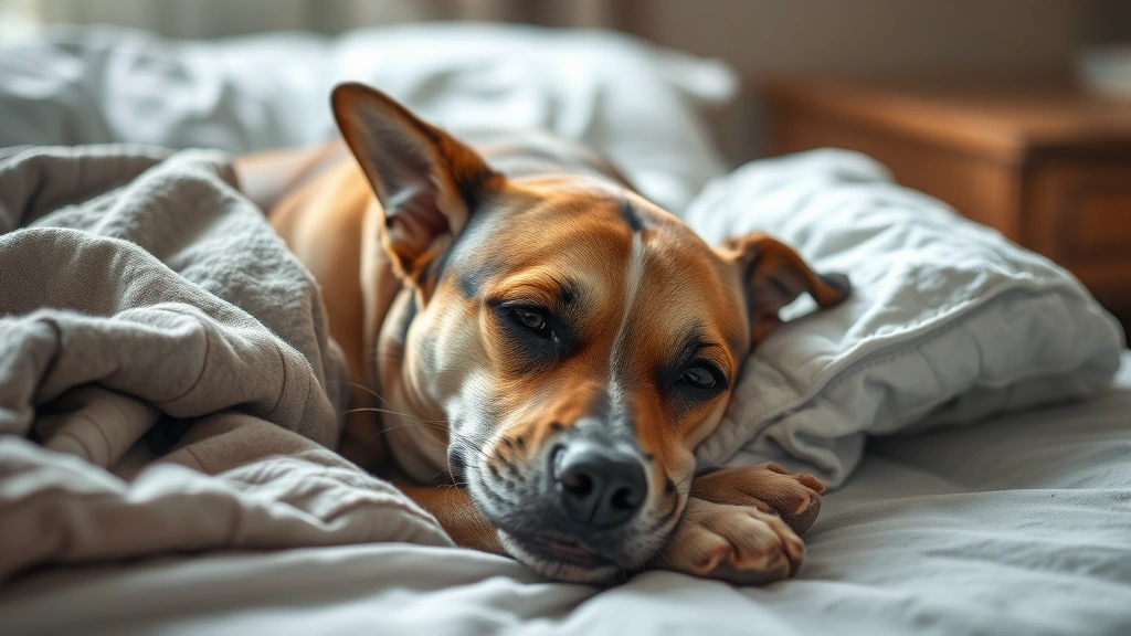 A sick dog resting on a comfortable bed with blankets, looking tired and unwell, soft lighting, photorealistic style