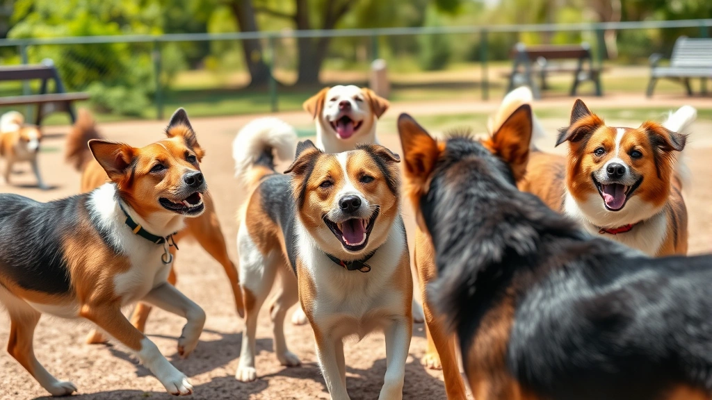 Multiple dogs playing together at a dog park, some appearing playful while one shows signs of coughing or sneezing, sunny day, photorealistic style