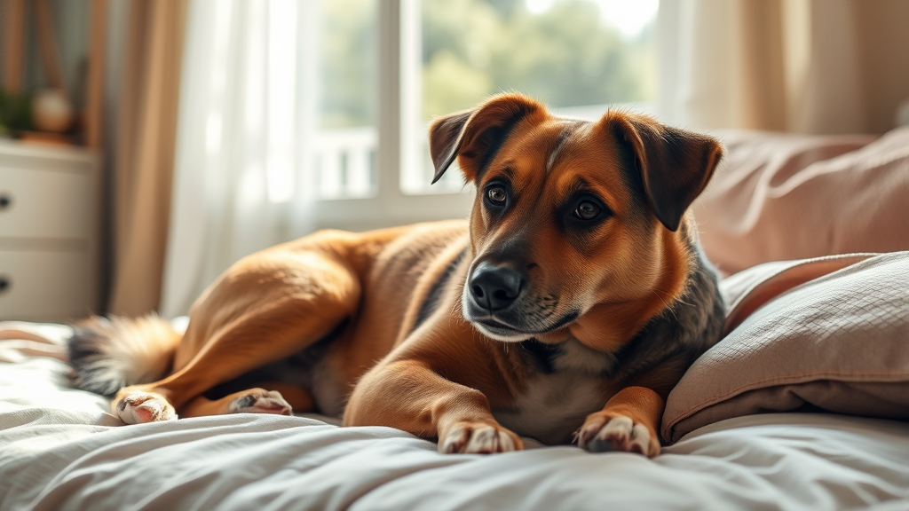 Mixed breed dog lying down relaxed on comfortable bed in quiet room with gentle sunlight no text no words no letters