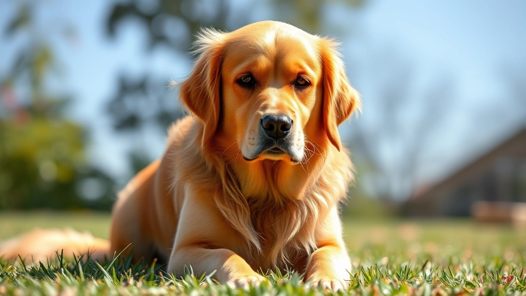 Golden Retriever sitting outdoors looking uncomfortable, clear sunny day with grass, natural lighting, realistic dog expression