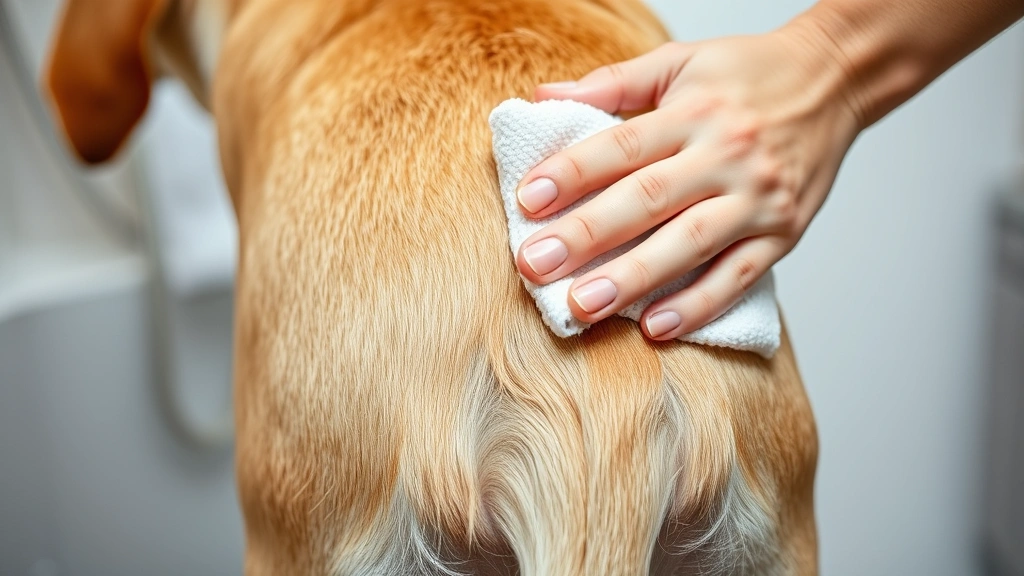 Close-up of a female dog's rear area being gently cleaned with a soft cloth, showing proper hygiene care, bright bathroom setting