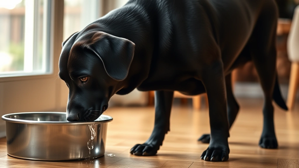 Senior black Labrador standing near a water bowl indoors, drinking water, warm home lighting, focused on the dog's face and posture