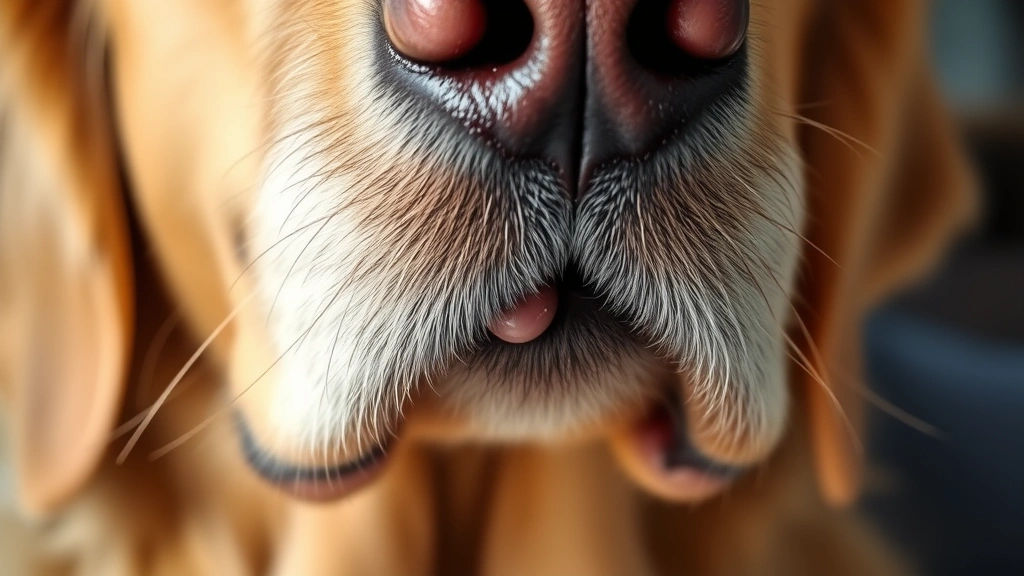 Close-up of a golden retriever's face showing a small, bumpy wart on its chin, with soft natural lighting highlighting the texture against the dog's fur