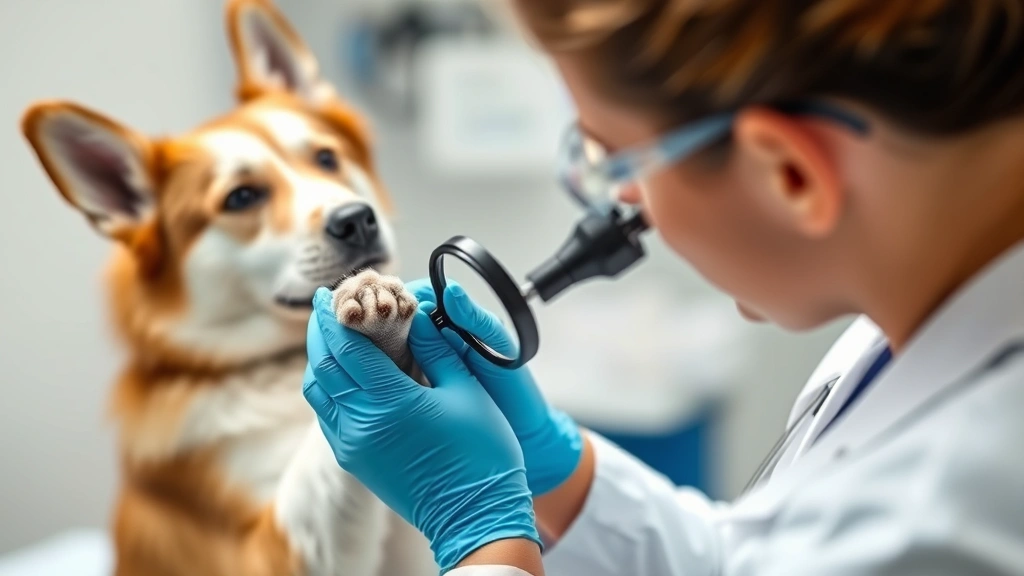 Veterinarian examining a dog's paw with a magnifying tool, demonstrating professional inspection of skin growths in a clinical setting