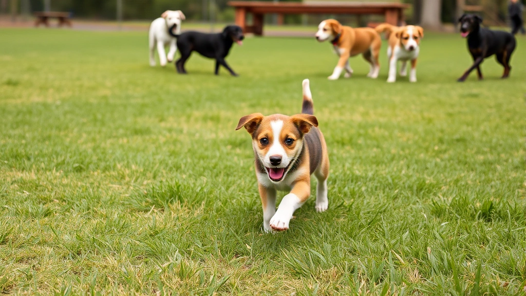 Playful puppy running through a grassy dog park with other dogs in the background, showing social interaction and exposure environments