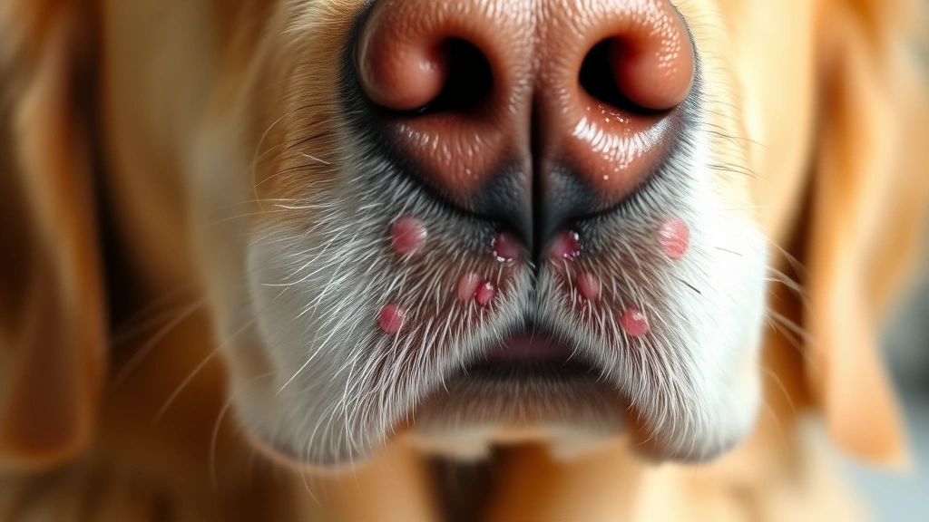 Close-up of a golden retriever's chin showing mild acne with small red bumps and inflammation on the muzzle area, natural lighting, photorealistic