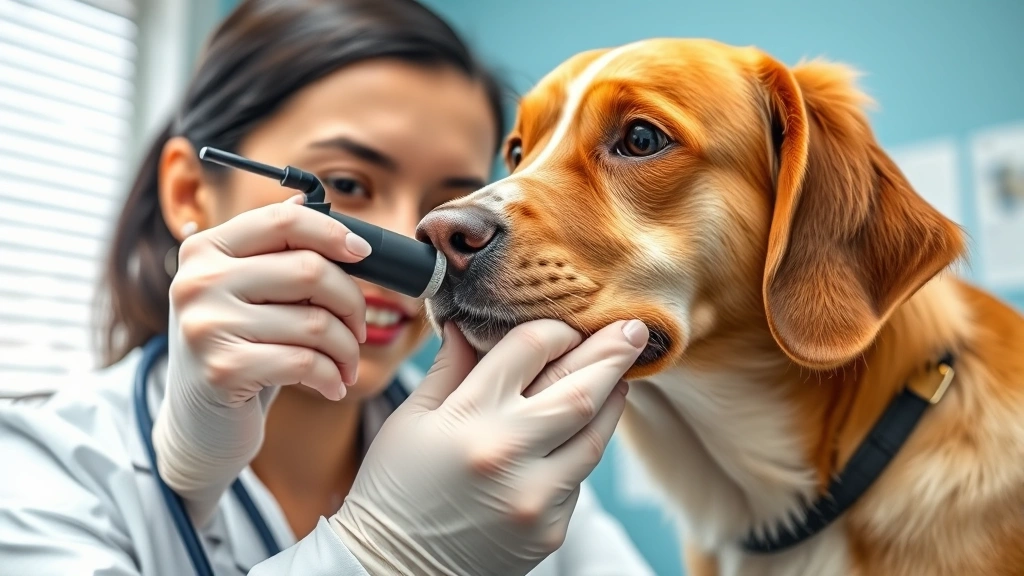 A friendly veterinarian examining a dog's face with a dermatoscope, checking chin area for skin conditions, clinical setting, photorealistic