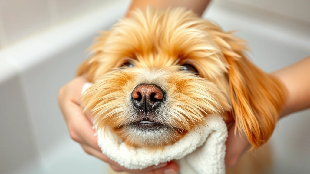 A fluffy dog being gently bathed with a soft washcloth focusing on face and chin area, warm water running, grooming care scene, photorealistic
