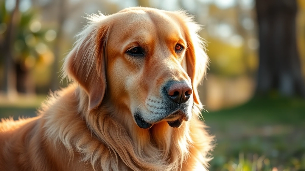 Senior female golden retriever with gray muzzle sitting peacefully outdoors in natural sunlight, showing signs of maturity and wisdom
