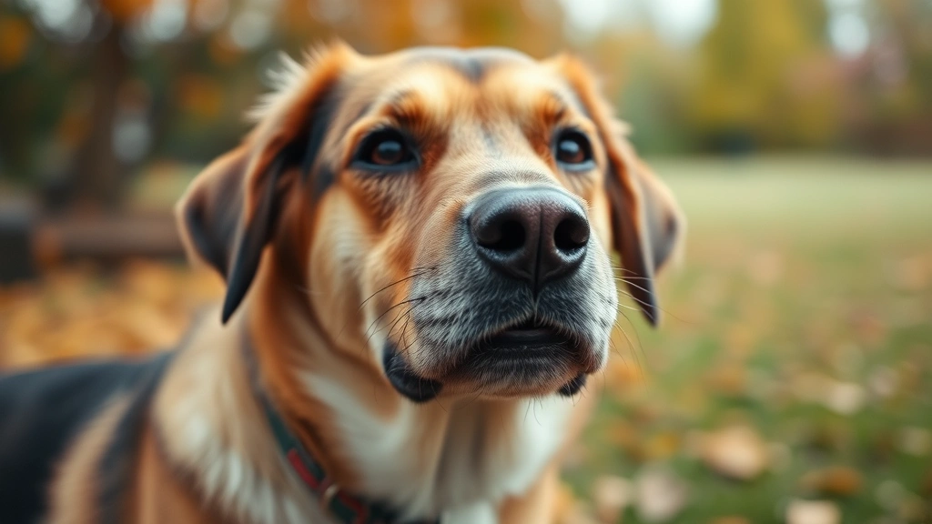 Close-up of a middle-aged female dog's face showing calm expression, soft focus background with autumn garden setting