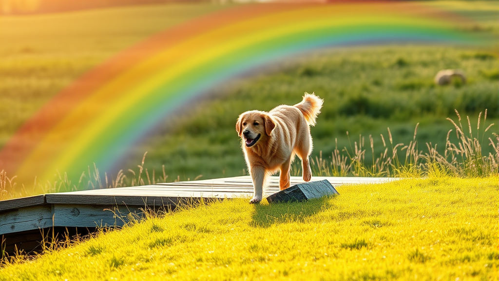Golden retriever walking across colorful rainbow bridge in peaceful meadow with soft sunlight, no text, no words, no letters