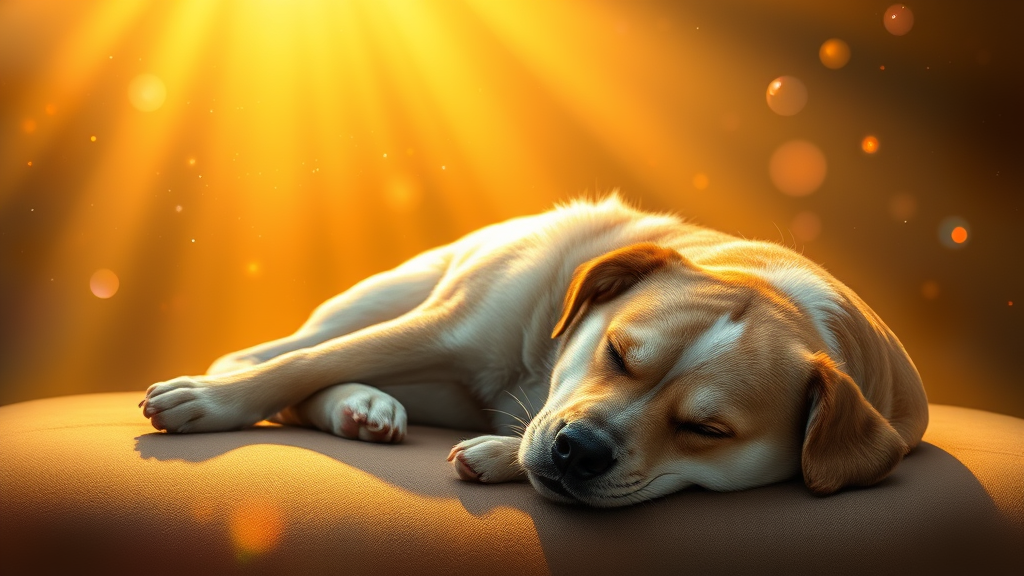 Sleeping dog surrounded by glowing golden light and floating rainbow colors in serene spiritual setting, no text, no words, no letters