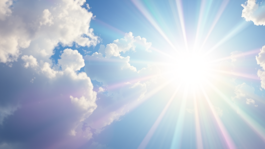 Paw prints dissolving into sparkling rainbow light leading toward bright heavenly sky, no text, no words, no letters