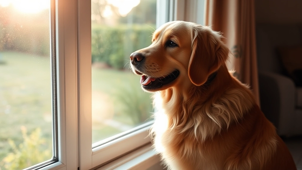 A happy golden retriever sitting by a window, looking out at the front yard with morning light streaming through, waiting for their owner to come home