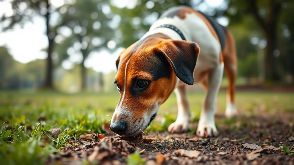 A curious dog sniffing the ground in a park, nose close to earth, with trees and grass in soft focus background, exploring their environment