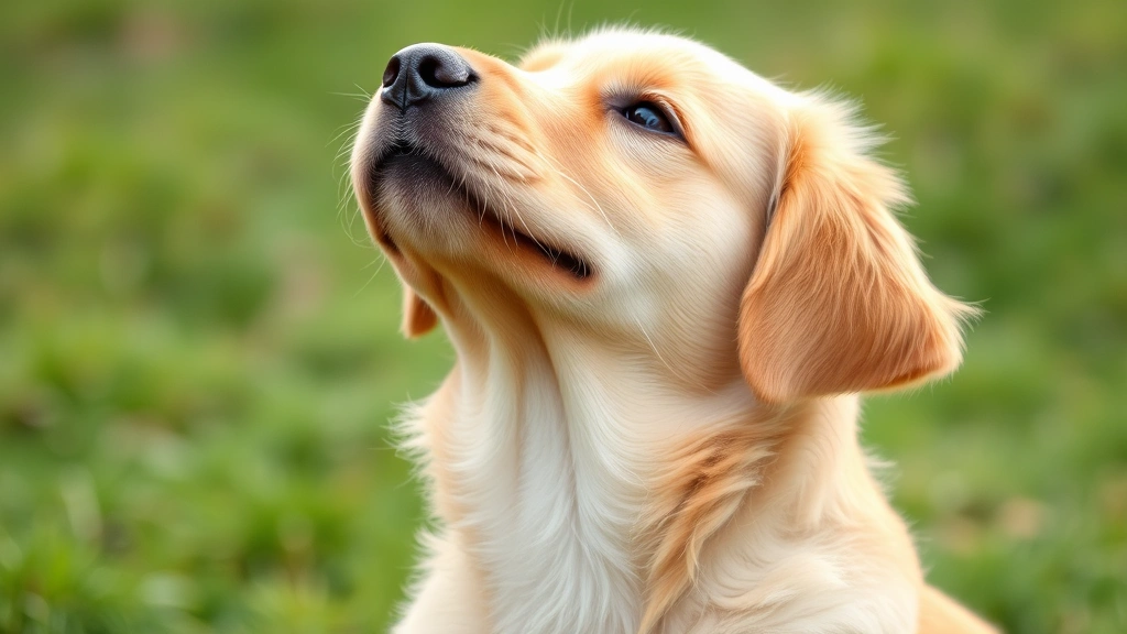 Golden Retriever puppy with head tilted, neck and throat area clearly visible, natural outdoor lighting, soft focus background with grass