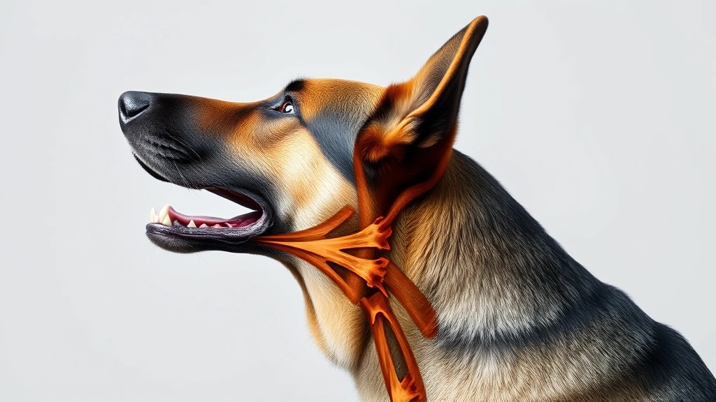 Close-up side profile of a German Shepherd's neck and throat region showing anatomical structure, professional veterinary photography style, neutral background