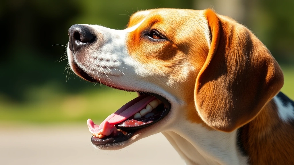 Beagle dog mid-bark with mouth open showing throat structure, dynamic pose, natural daylight, clear detail of head and neck area