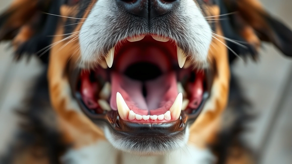 Close-up of a dog's open mouth showing teeth and gums in natural daylight, healthy canine dental structure, photorealistic