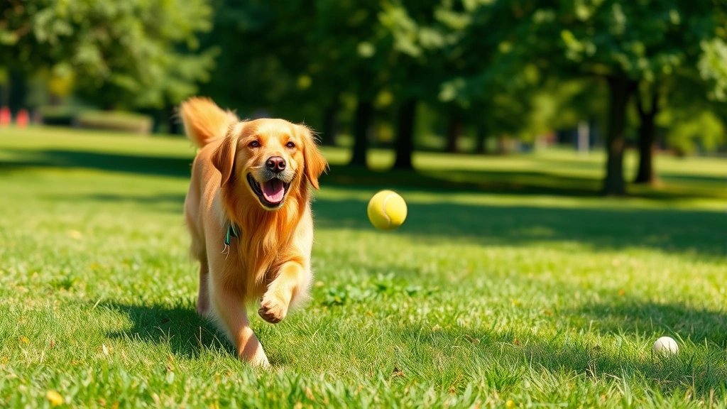 Happy golden retriever playing fetch with a tennis ball in a grassy park, joyful expression, clear sunny day