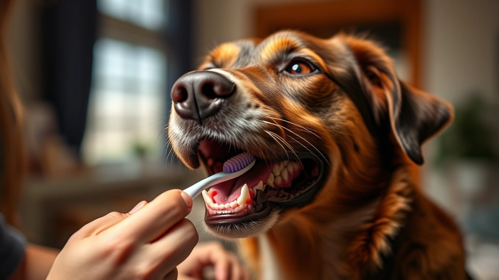 Dog owner brushing a friendly dog's teeth with a small toothbrush, gentle care moment, bright indoor lighting