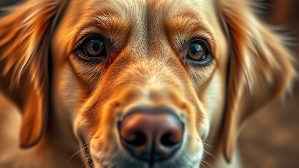 Close-up of a golden retriever's face showing raised inner eyebrows with soft, pleading expression and warm lighting, photorealistic style