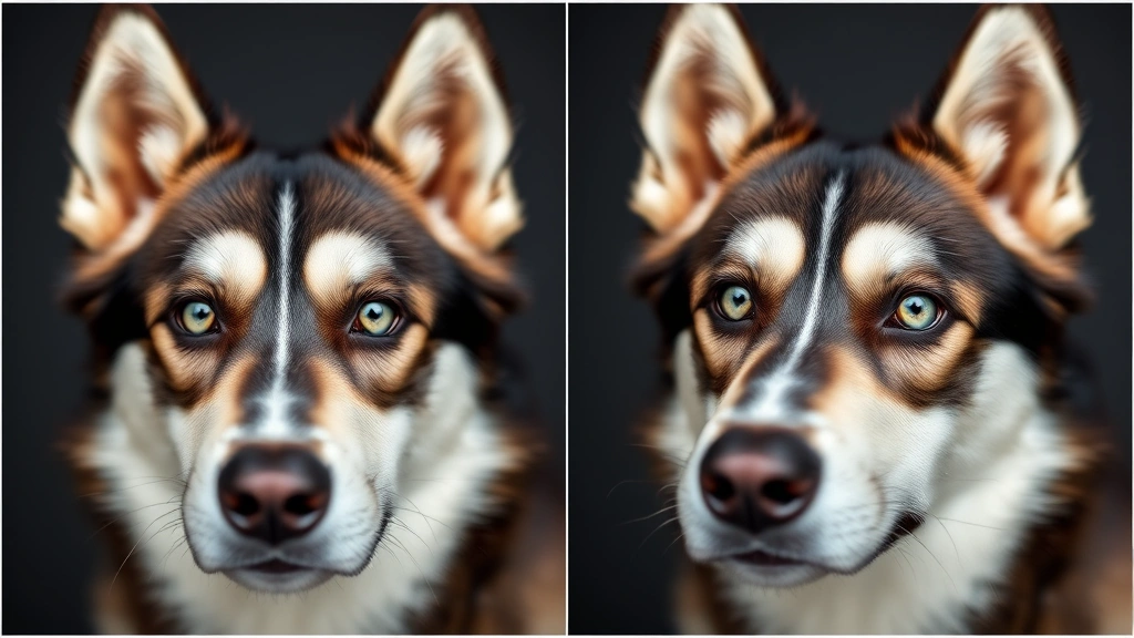 Side-by-side comparison of a husky's face with distinctive white eyebrow markings against dark fur, alert and focused expression, professional photography