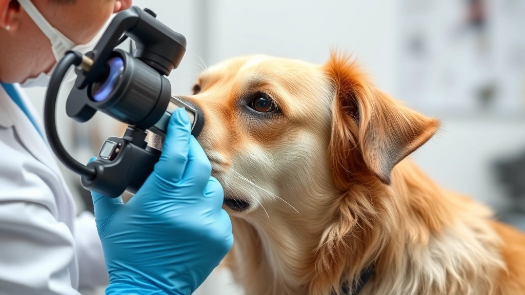 Dog being examined by veterinarian with otoscope, showing professional grooming and medical inspection of coat