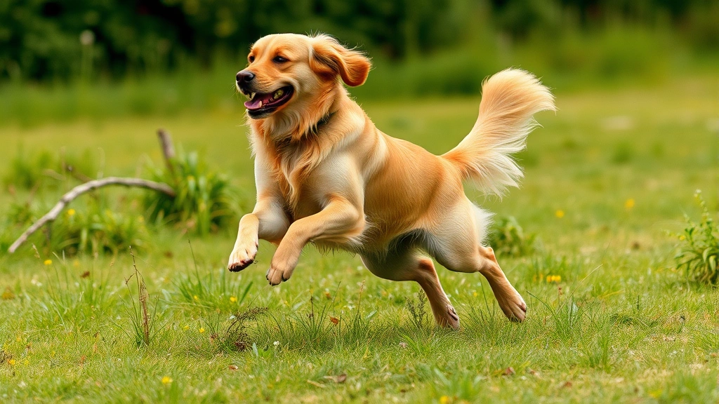 Golden Retriever running through a grassy field with muscular hind legs in mid-stride, showing powerful knee extension and athletic form