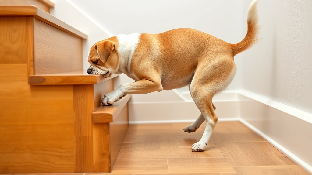 Small dog struggling to climb wooden stairs, showing difficulty and hesitation with hind leg extension and knee bending mechanics