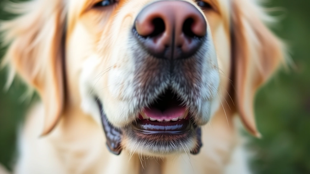 Close-up of a golden retriever's face showing relaxed mouth and lips, soft natural lighting, gentle expression, outdoor setting with blurred green background