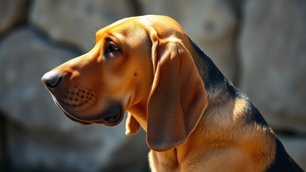 Side profile of a bloodhound with prominent drooping flews and jowls, sitting calmly, natural sunlight, detailed texture of skin folds