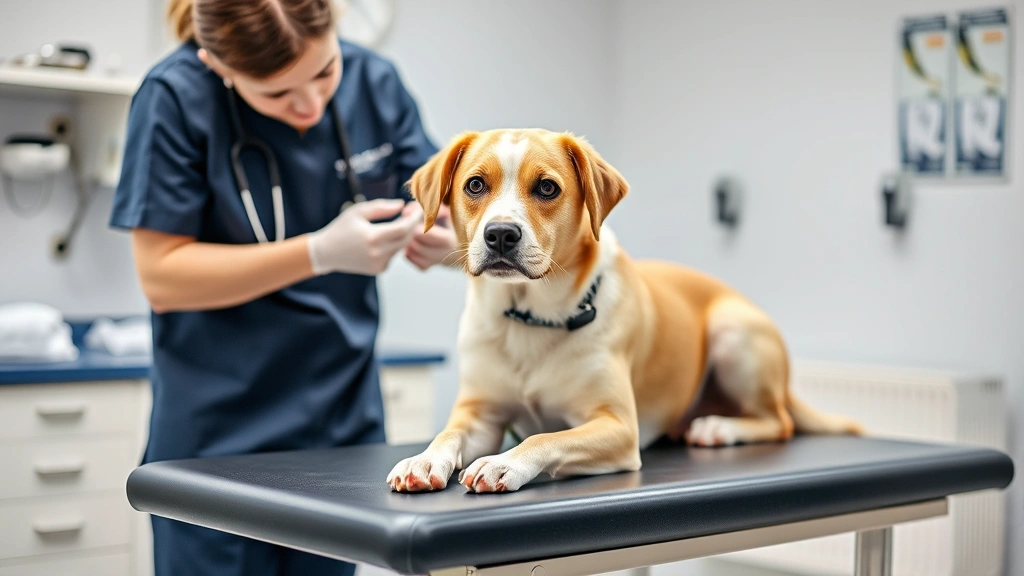 Veterinarian examining female dog on examination table, professional clinic setting, caring interaction between vet and dog